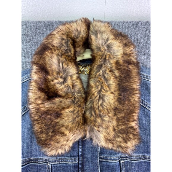 Chico's Removable Fur Collar Denim Jacket Women's Size 4 20/22 Raw Hem Lined - Picture 3 of 16